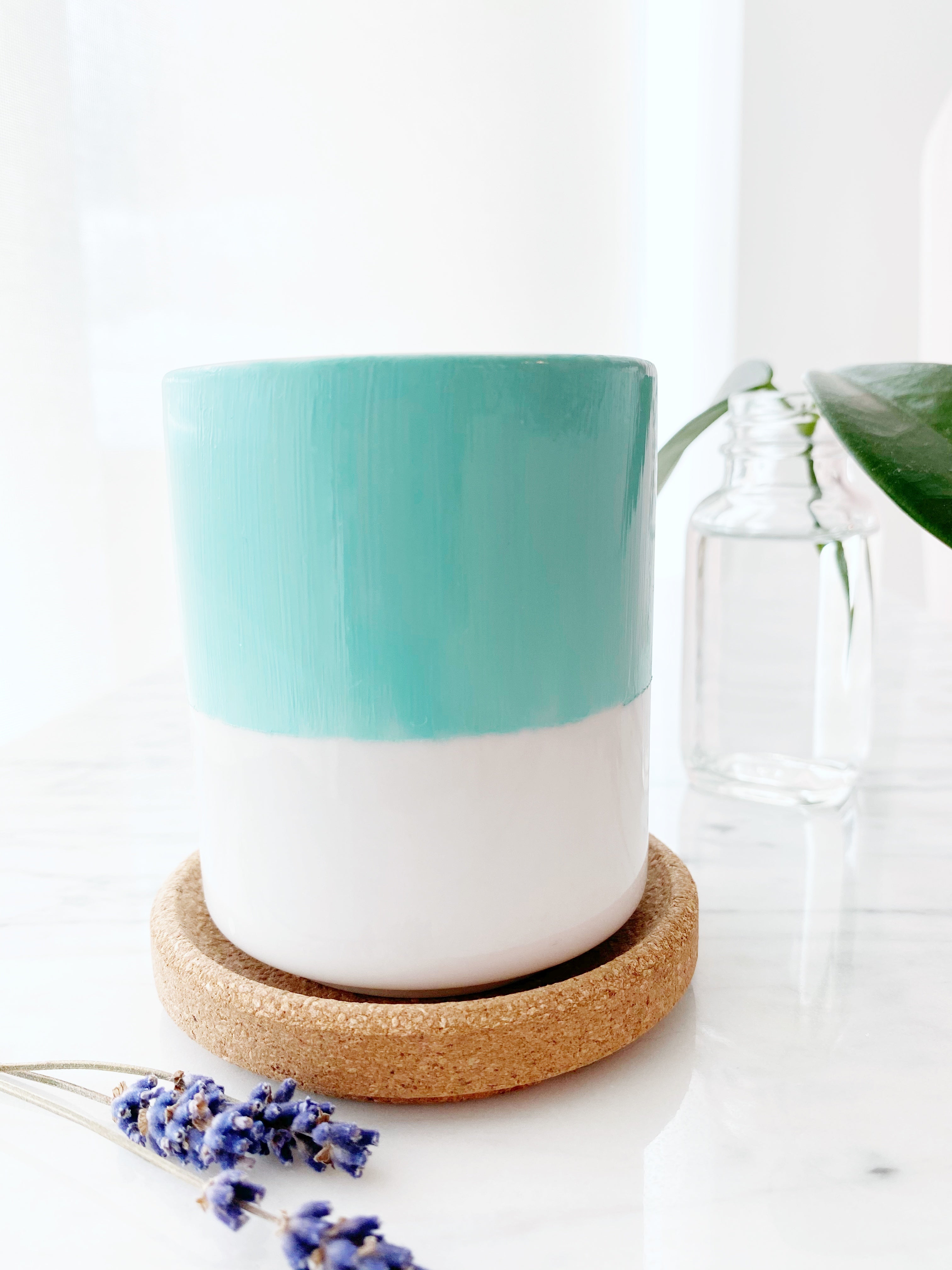 Hand Painted Porcelain Small Planter with Pure Soy Candle - Teal Colour Block