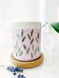 Hand Painted Porcelain Small Planter with Pure Soy Candle - Lilac and Green Leaves